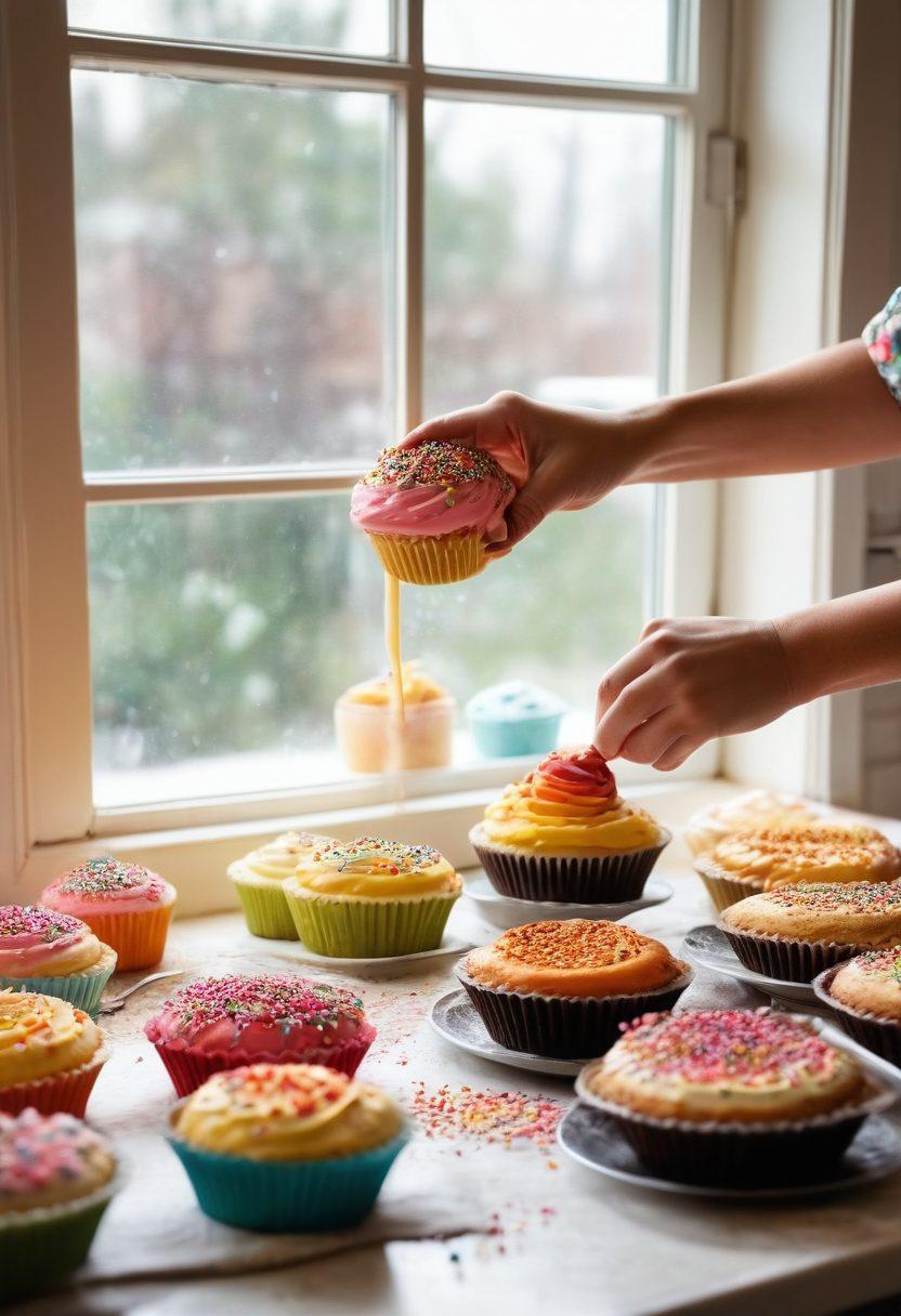A whimsical kitchen scene filled with vibrant colors, showcasing a diverse array of desserts like cupcakes, tarts, and pastries being lovingly prepared. Hands can be seen playfully mixing batter and pouring it into pans, surrounded by a flurry of flour and colorful sprinkles. The atmosphere is warm and inviting, with soft light filtering through a window, enhancing the feeling of affection and joy in baking. playful, illustrative style. vibrant colors. cozy atmosphere.