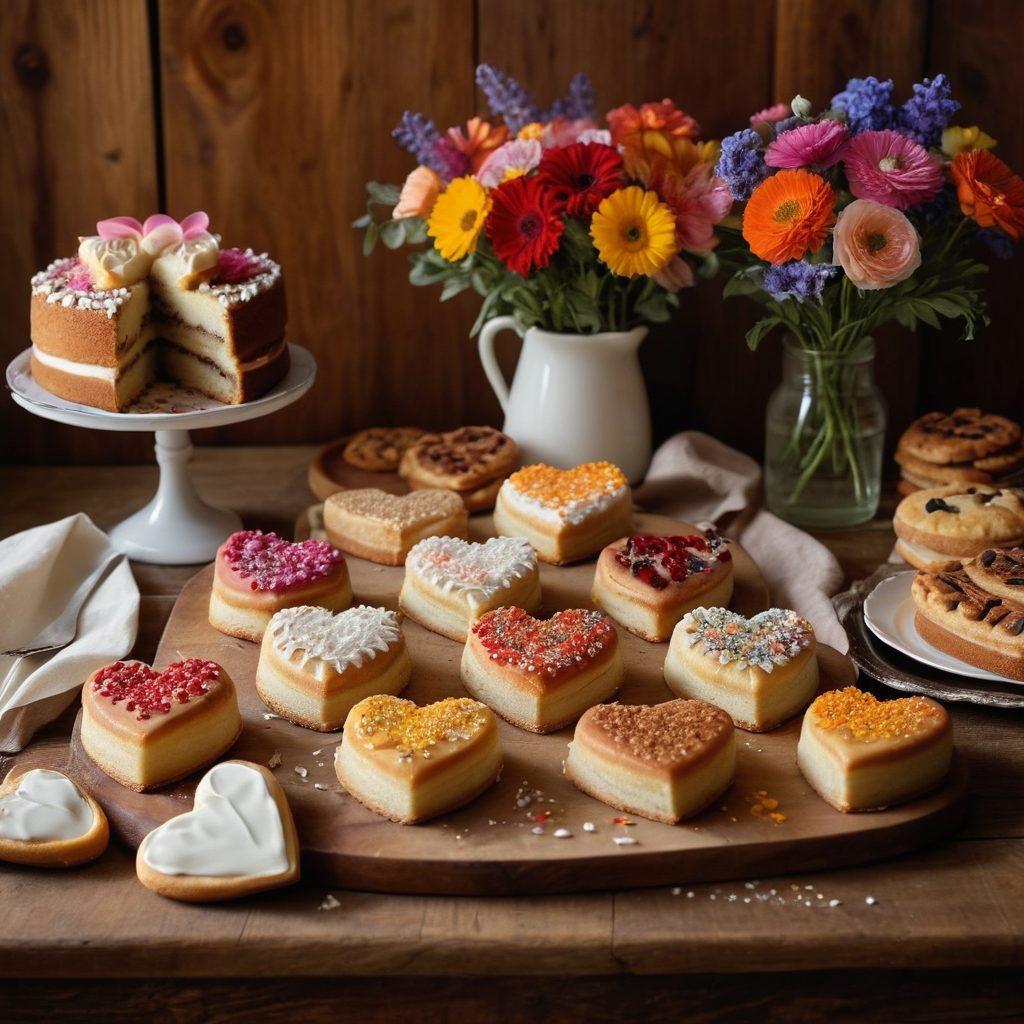 A beautifully arranged dessert table showcasing a variety of heart-shaped baked goods, such as cakes, cookies, and pastries, all adorned with vibrant icing and edible flowers. Soft, warm lighting creates an inviting atmosphere, with a rustic wooden backdrop and delicate kitchen utensils scattered around. A cozy, handwritten recipe card lies open, giving a personal touch. Capture the essence of love for baking through rich textures and colorful details. super-realistic. warm tones. soft focus.