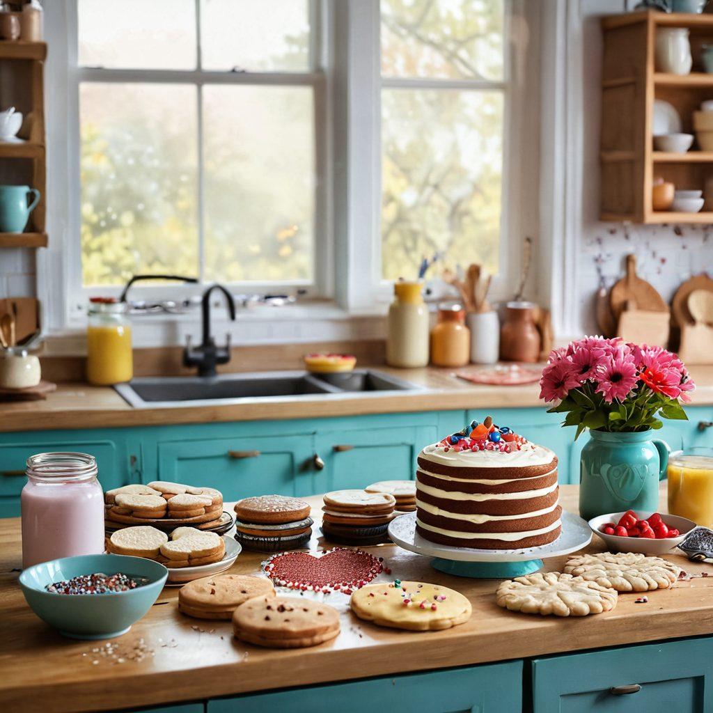 A cozy kitchen scene filled with various baking ingredients and tools, showcasing a colorful array of cake, cookie, and pancake batters, with heart-shaped molds and sprinkles scattered around. Soft, warm lighting enhances the inviting atmosphere, while a freshly baked cake on the countertop and a jar of cookies in the background evoke feelings of love and warmth. Illustrative style with pastel colors and a whimsical touch. vibrant colors. soft lighting.
